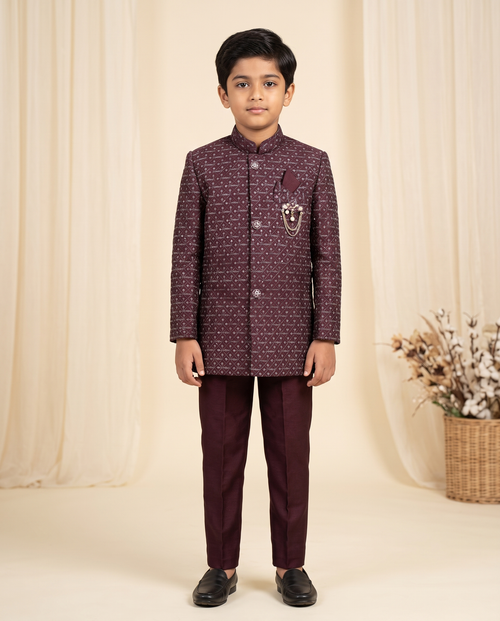 Boys' Wine Embroidered Sherwani Kurta