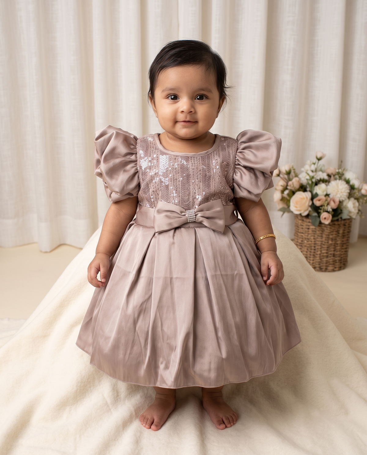Baby Girls' Dusty Mauve Satin Sequin Thread Work Puff Sleeve Party Dress