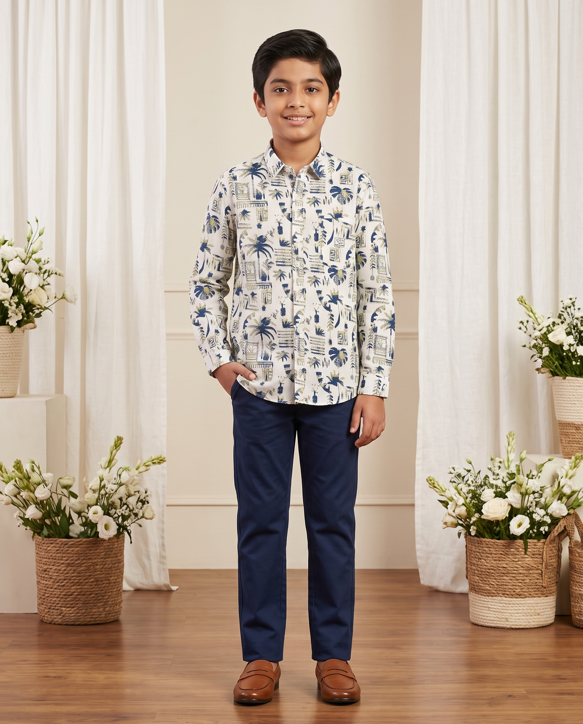 Boys Tropical Print Full-Sleeve Shirt | Off-White