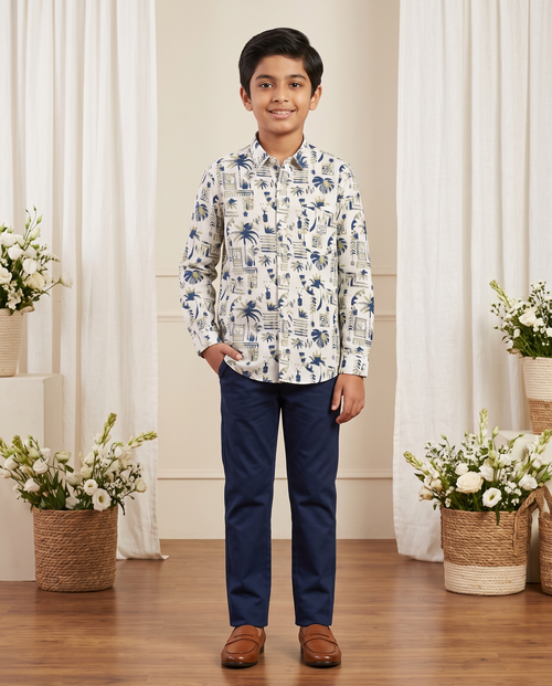 Boys Tropical Print Full-Sleeve Shirt | Off-White