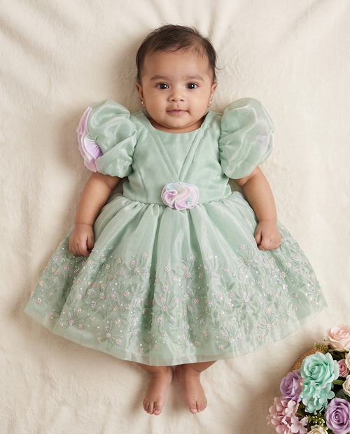 Baby Girls' Mint Green Sequin Thread Work Organza Dress