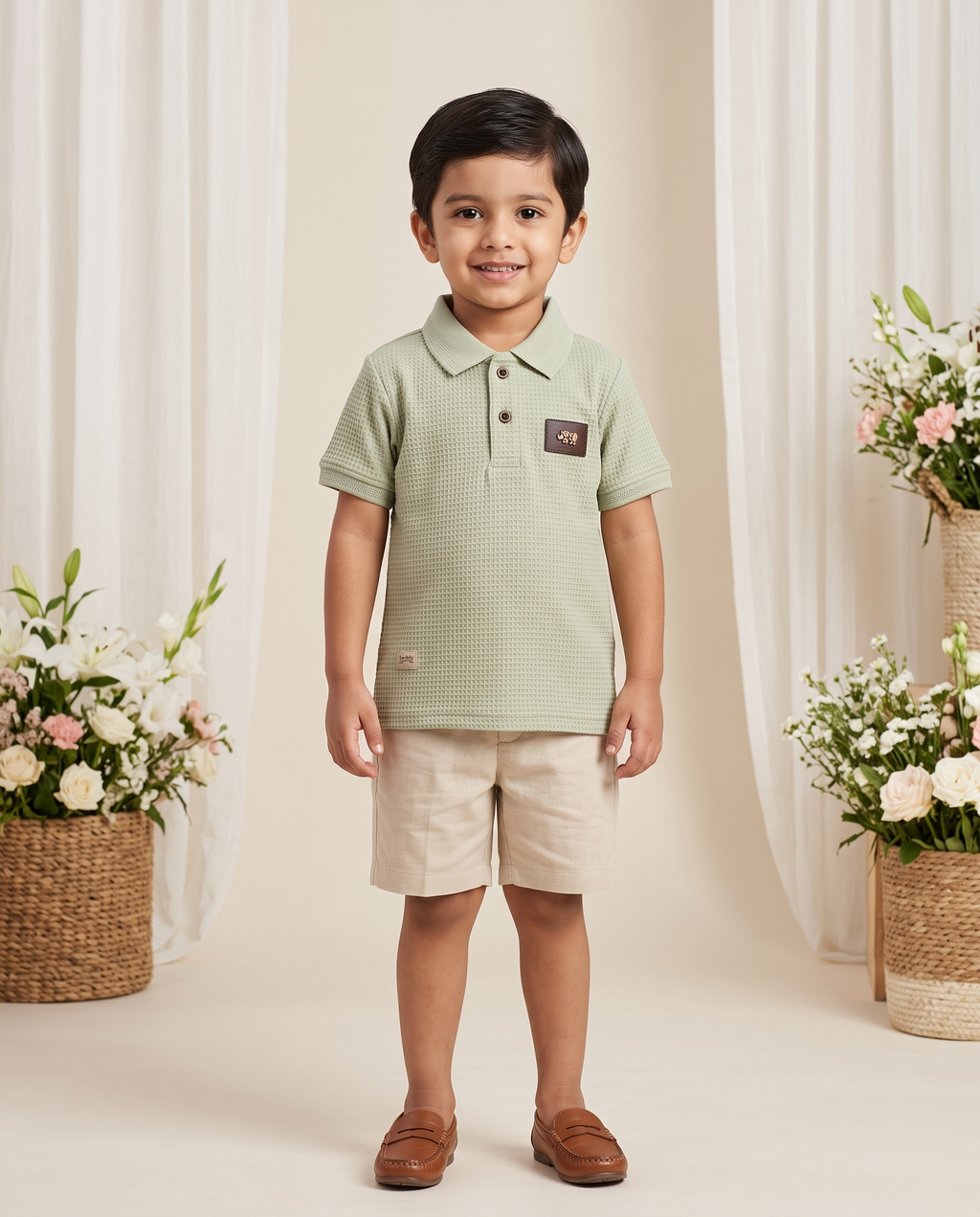 Boys Sage Green Waffle Textured Polo T-Shirt