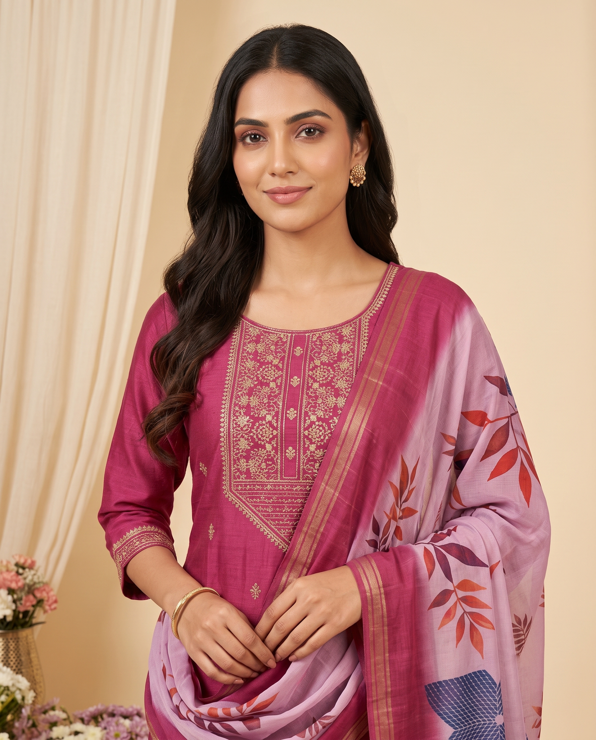 Women's Rose Pink Embroidered Kurta Set with Contrast Shawl