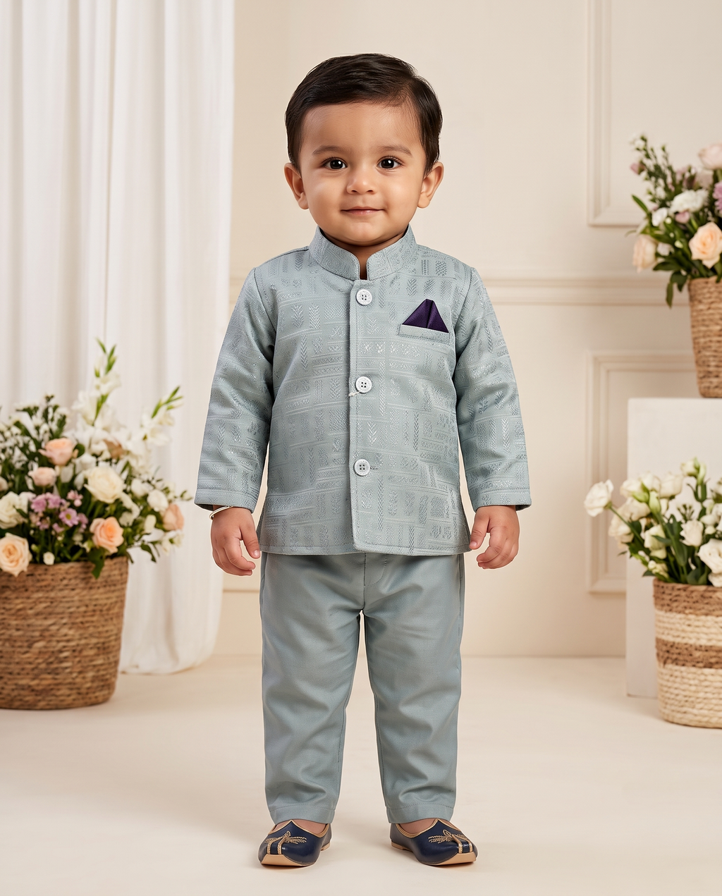 Boys Sage Green Self-Embroidered Nehru Jacket Set – Kids L