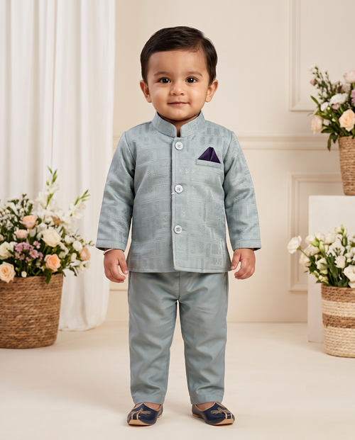Boys Sage Green Self-Embroidered Nehru Jacket Set – Kids L