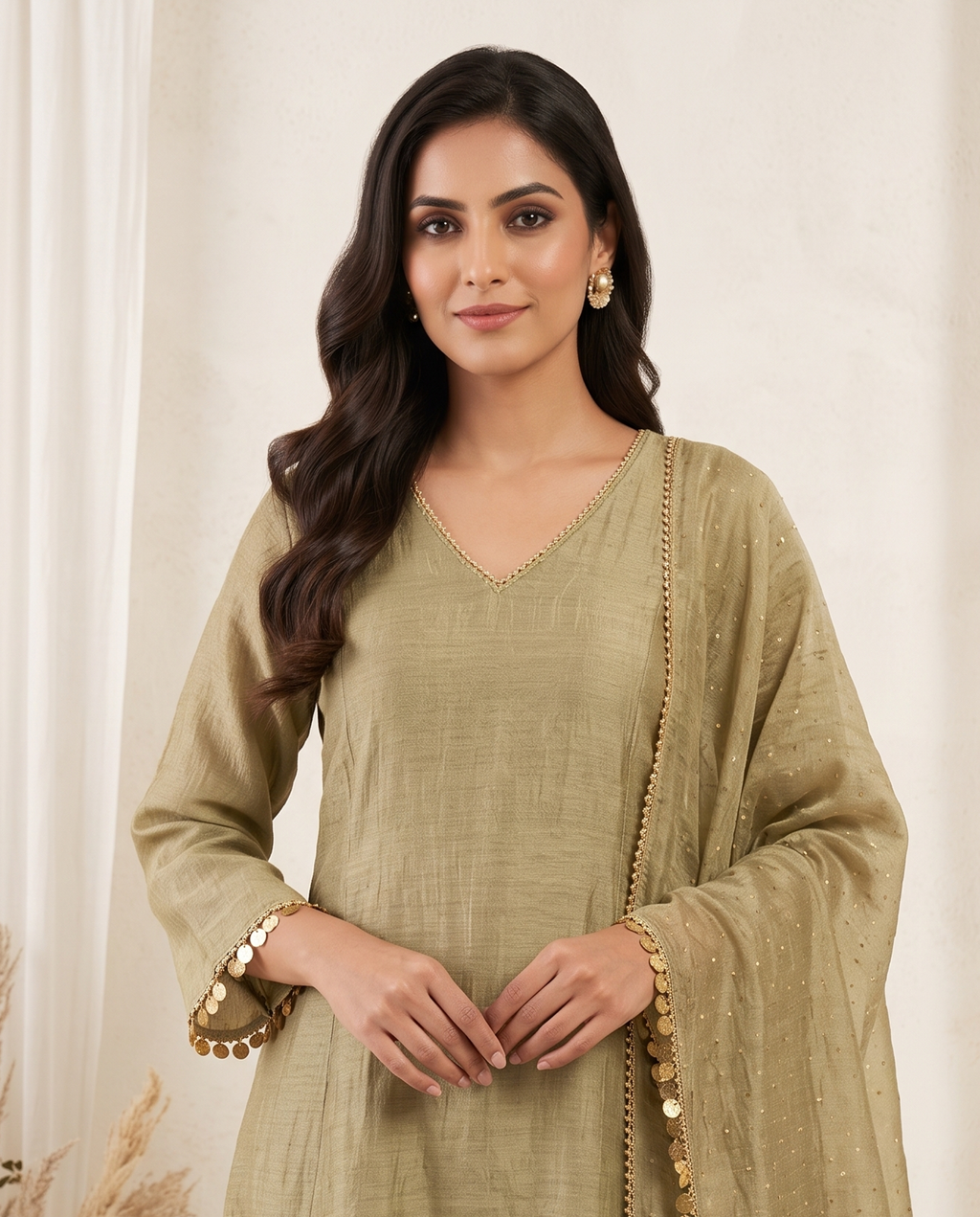 Women's Sage Green Crushed Organza Kurta Set with Dupatta