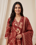 Women's Maroon Digital Floral Print Jaipur Cotton Kurta Set with Dupatta