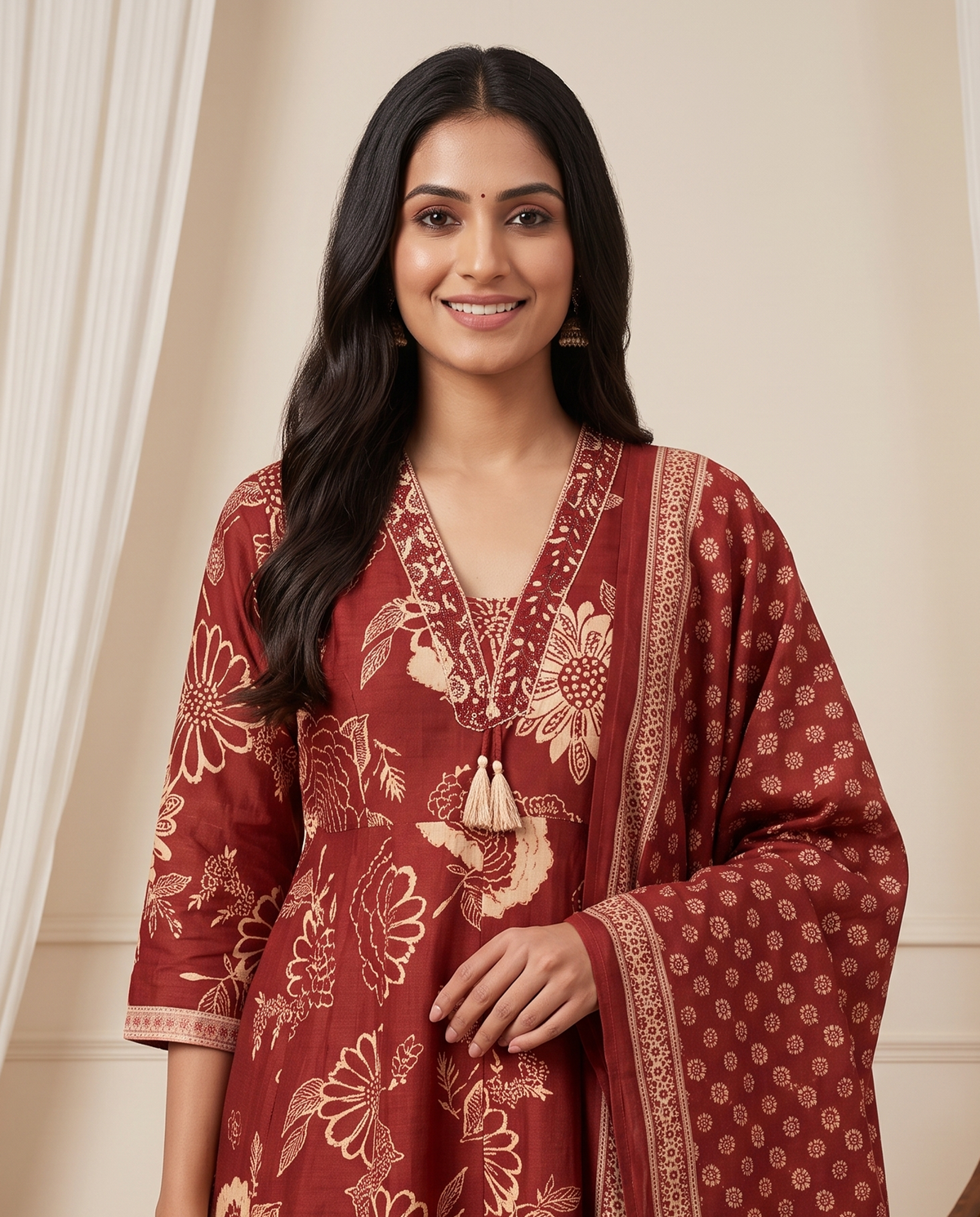 Women's Maroon Digital Floral Print Jaipur Cotton Kurta Set with Dupatta