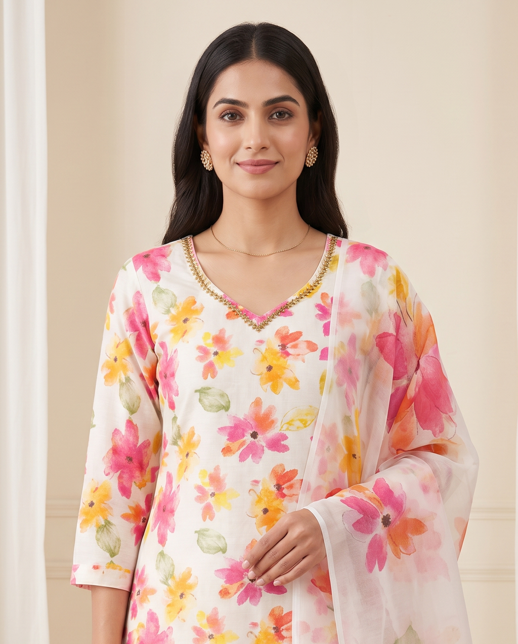 Women's White Multicolour Floral Print Khadi Cotton Kurta Set with Dupatta