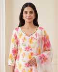 Women's White Multicolour Floral Print Khadi Cotton Kurta Set with Dupatta