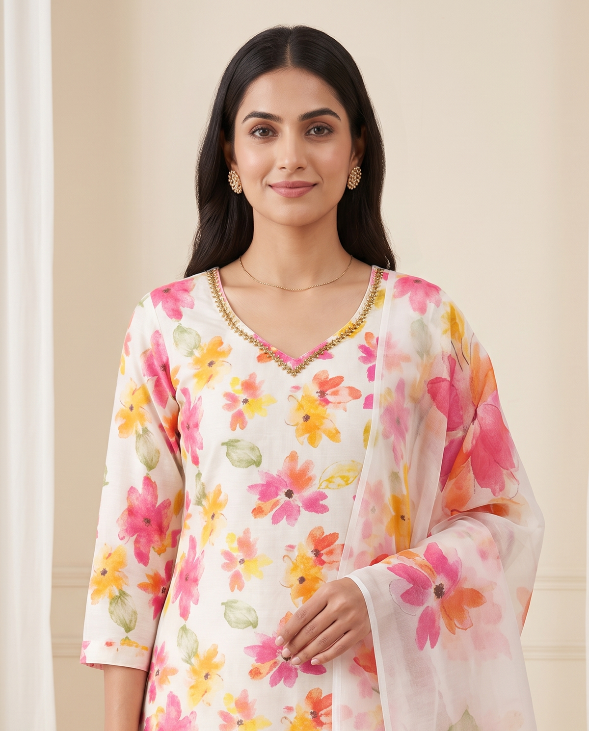 Women's White Multicolour Floral Print Khadi Cotton Kurta Set with Dupatta