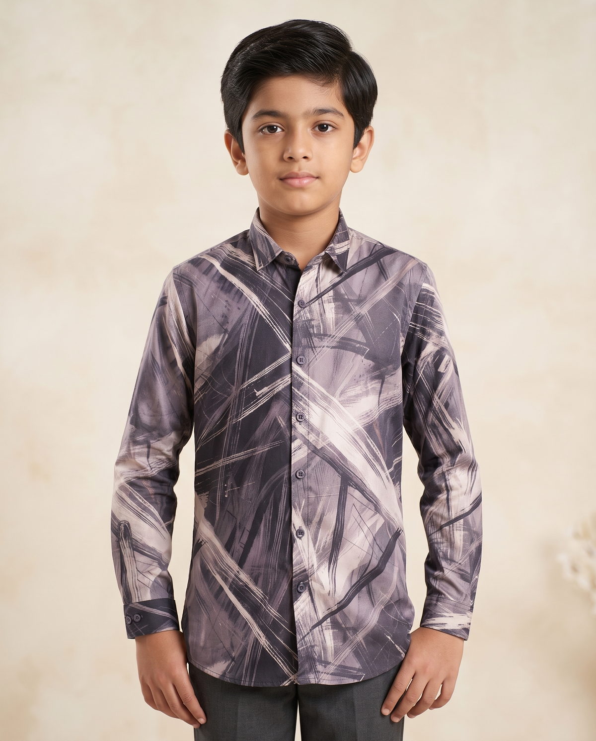 Boys Abstract Brushstroke Full-Sleeve Shirt | Grey