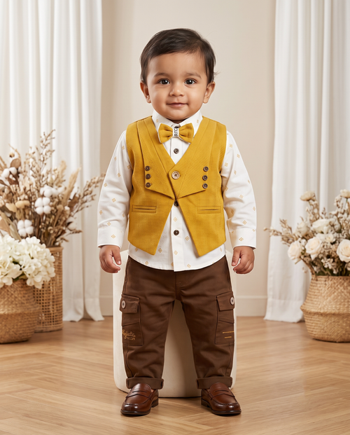 Boys Mustard & White 3-Piece Party Set – Shirt, Waistcoat & Cargo Pants
