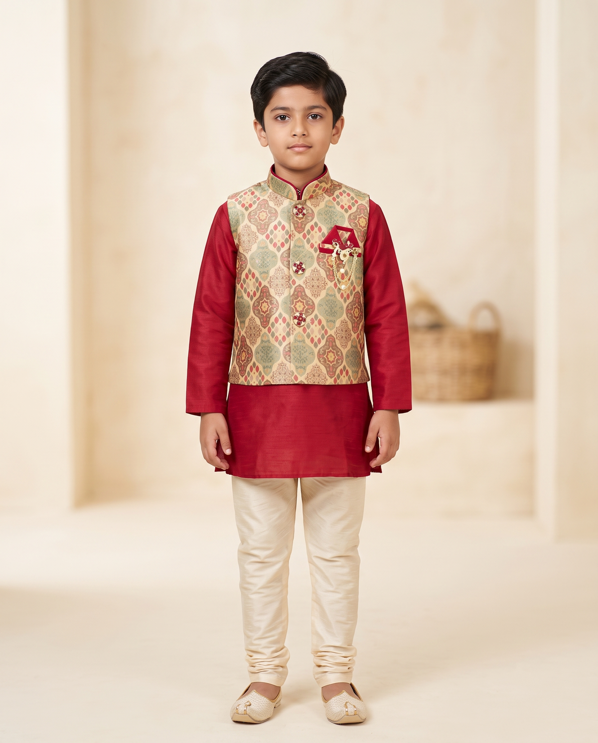 Boys' Maroon Kurta with Brocade Nehru Jacket & Churidar Set