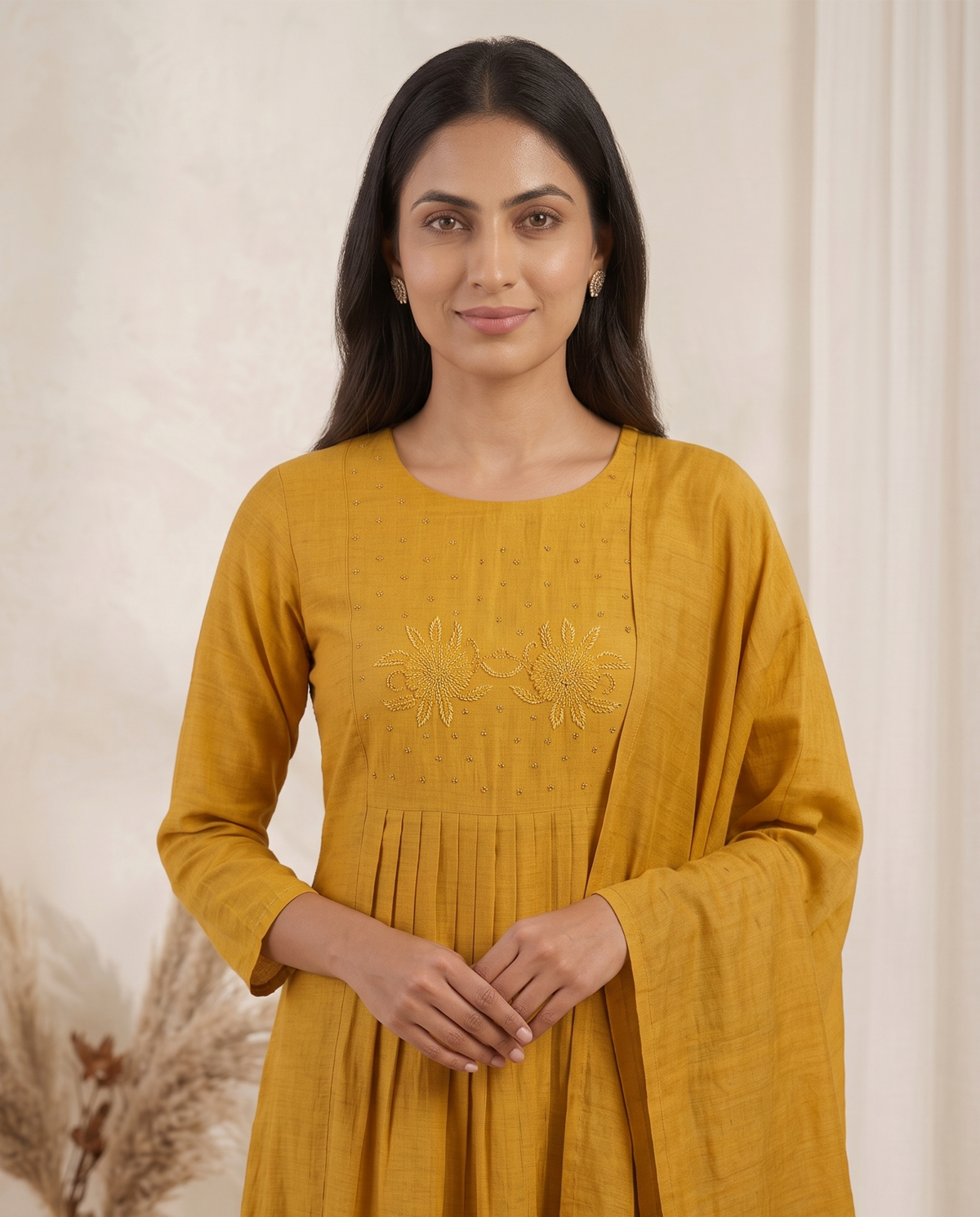 Women's Mustard Yellow Embroidered Anarkali Kurta Set with Churidar & Dupatta