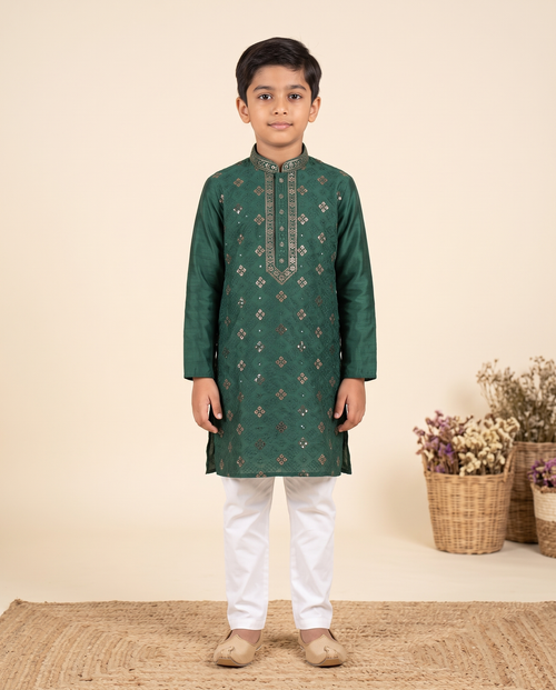 Boys Emerald Green Embroidered Kurta