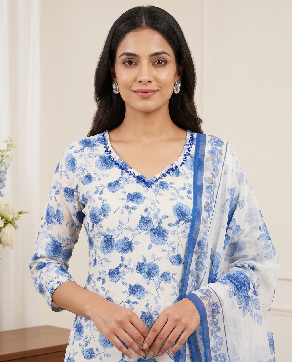 Women's White & Blue Floral Printed Kurta Set with Dupatta