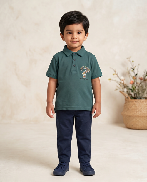 Boys Teal Green Football King Graphic Polo T-Shirt