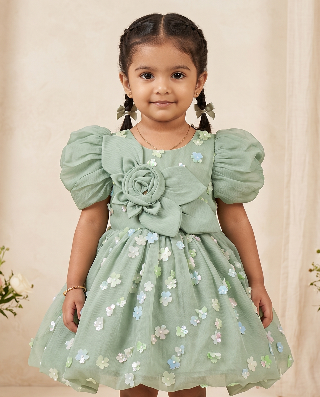 Girls Sage Green Puff Sleeve Floral Sequin Party Dress