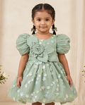 Girls Sage Green Puff Sleeve Floral Sequin Party Dress
