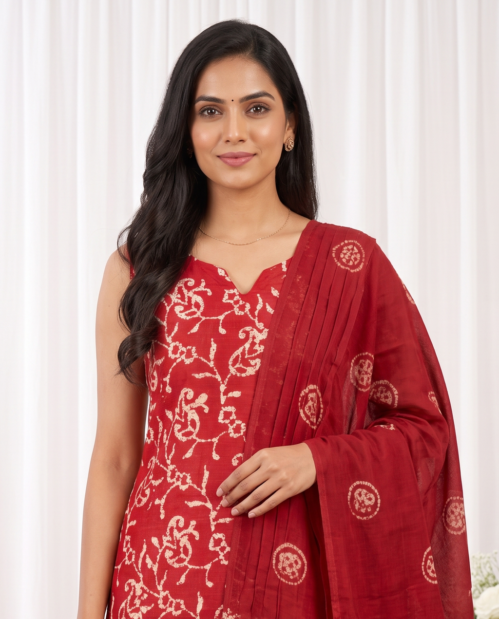 Women's Deep Red Bandhini Print Cotton Kurta Set with Dupatta