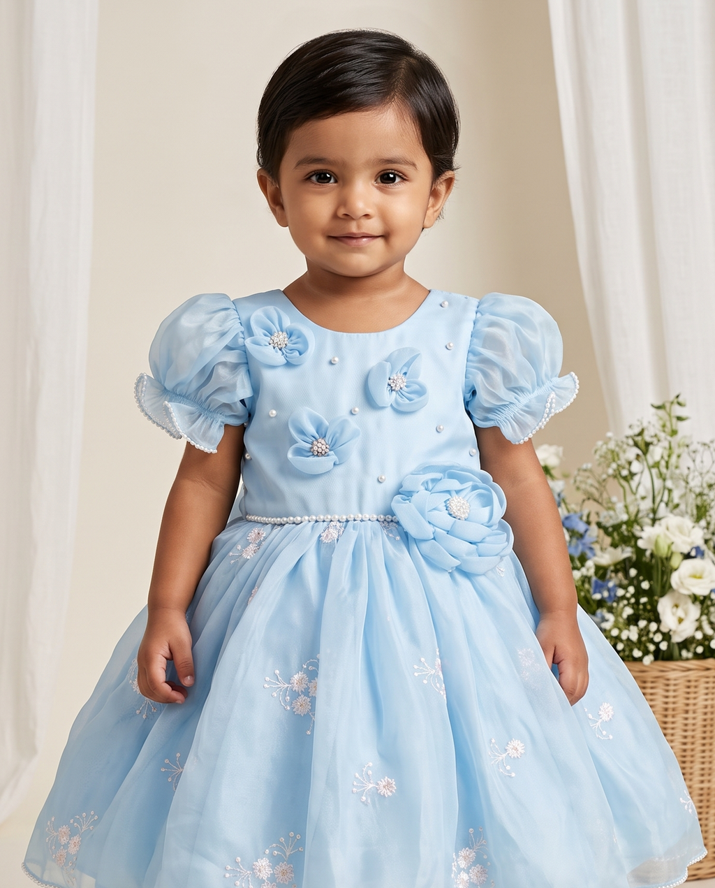 Girls Powder Blue Organza Party Dress with 3D Floral Appliqué & Pearl Embellishments