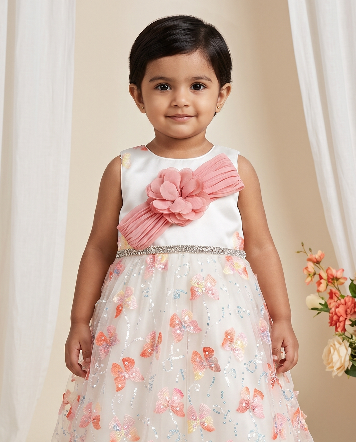 Girls' White & Pink Net Sequin Frock with Organza Floral Detail