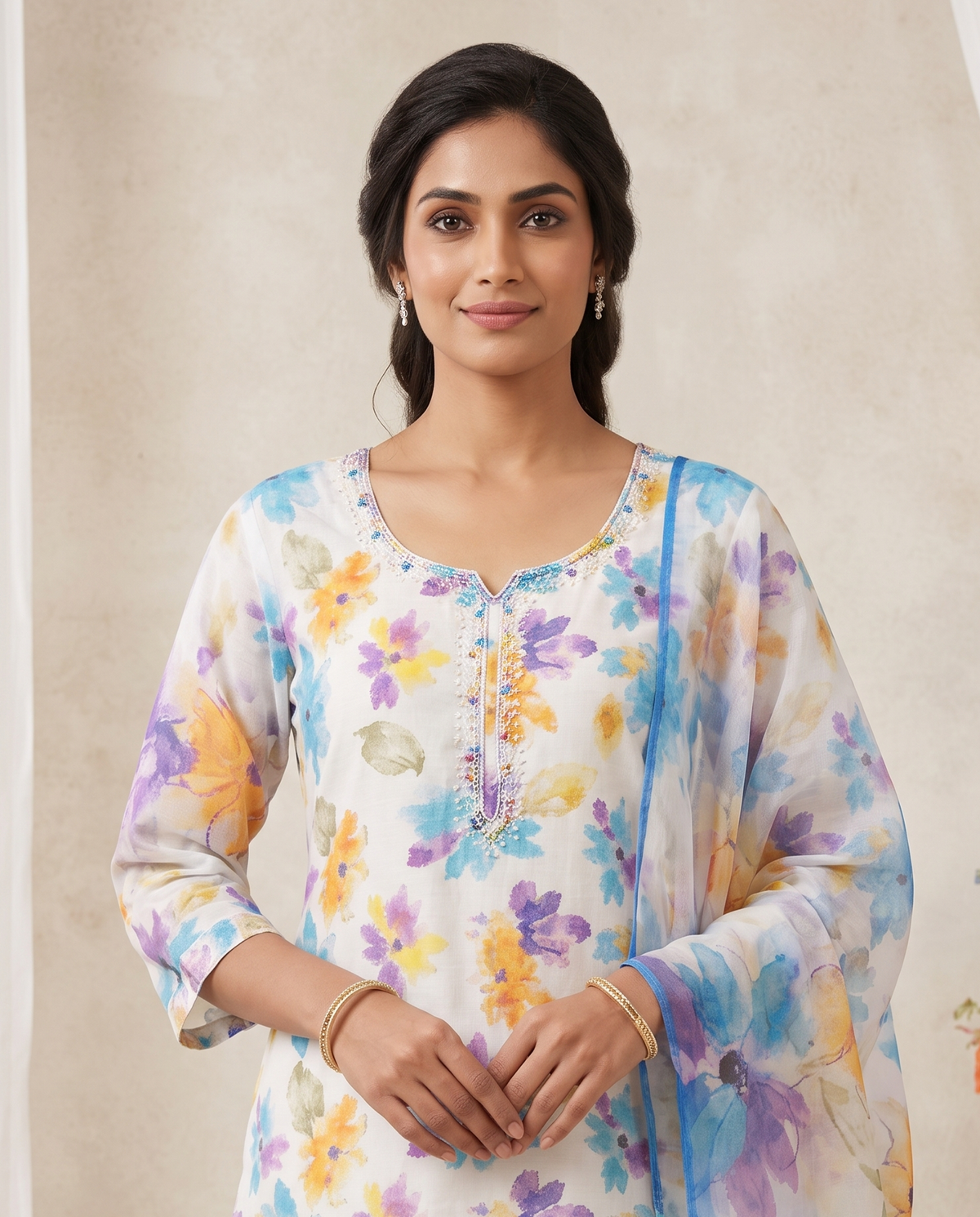 Women's White Pastel Floral Print Khadi Cotton Kurta Set with Dupatta