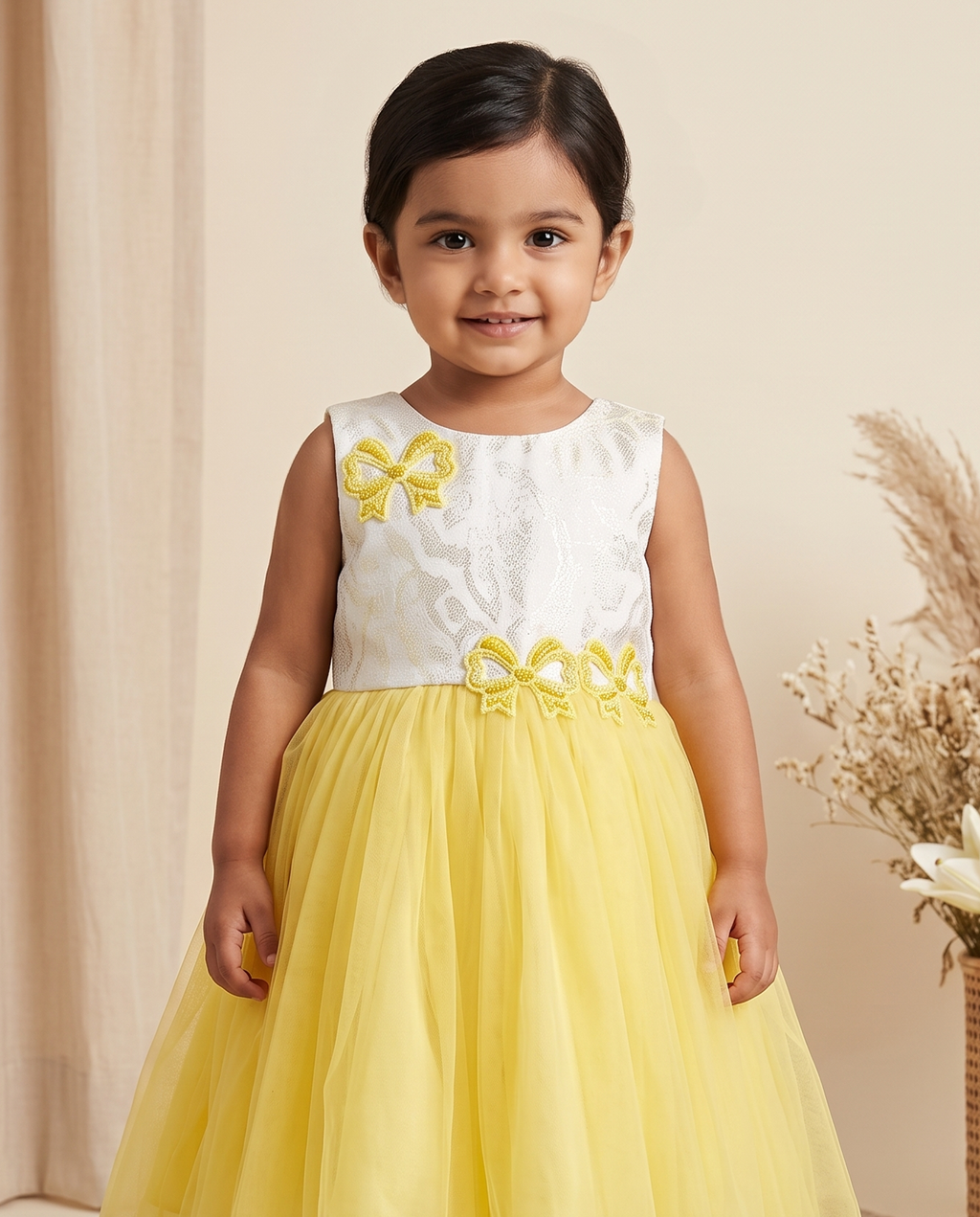 Infant Girls' White & Yellow Brocade Net Party Frock with Glitter & Pearl Bow