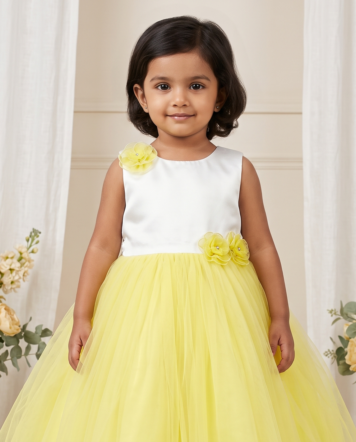 Girls White & Yellow Tulle Party Dress with Floral Appliqué