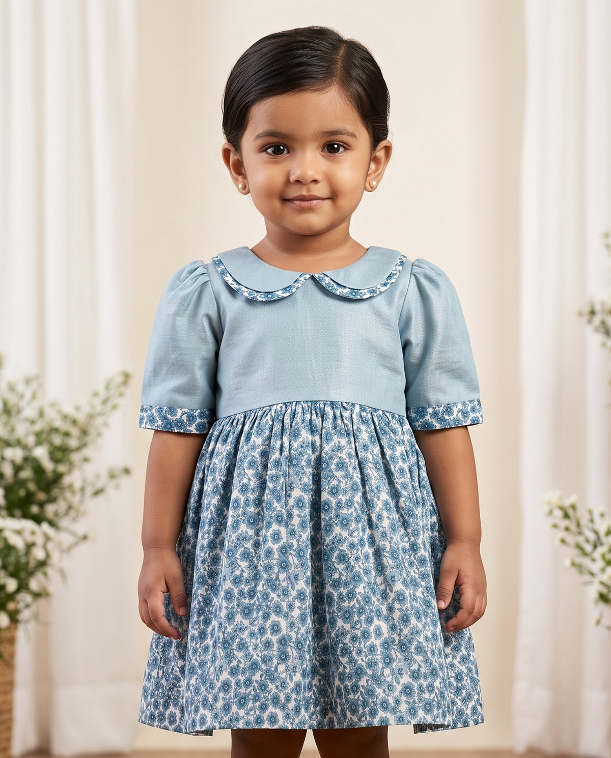 Powder Blue Floral Printed Girls Dress — Peter Pan Collar