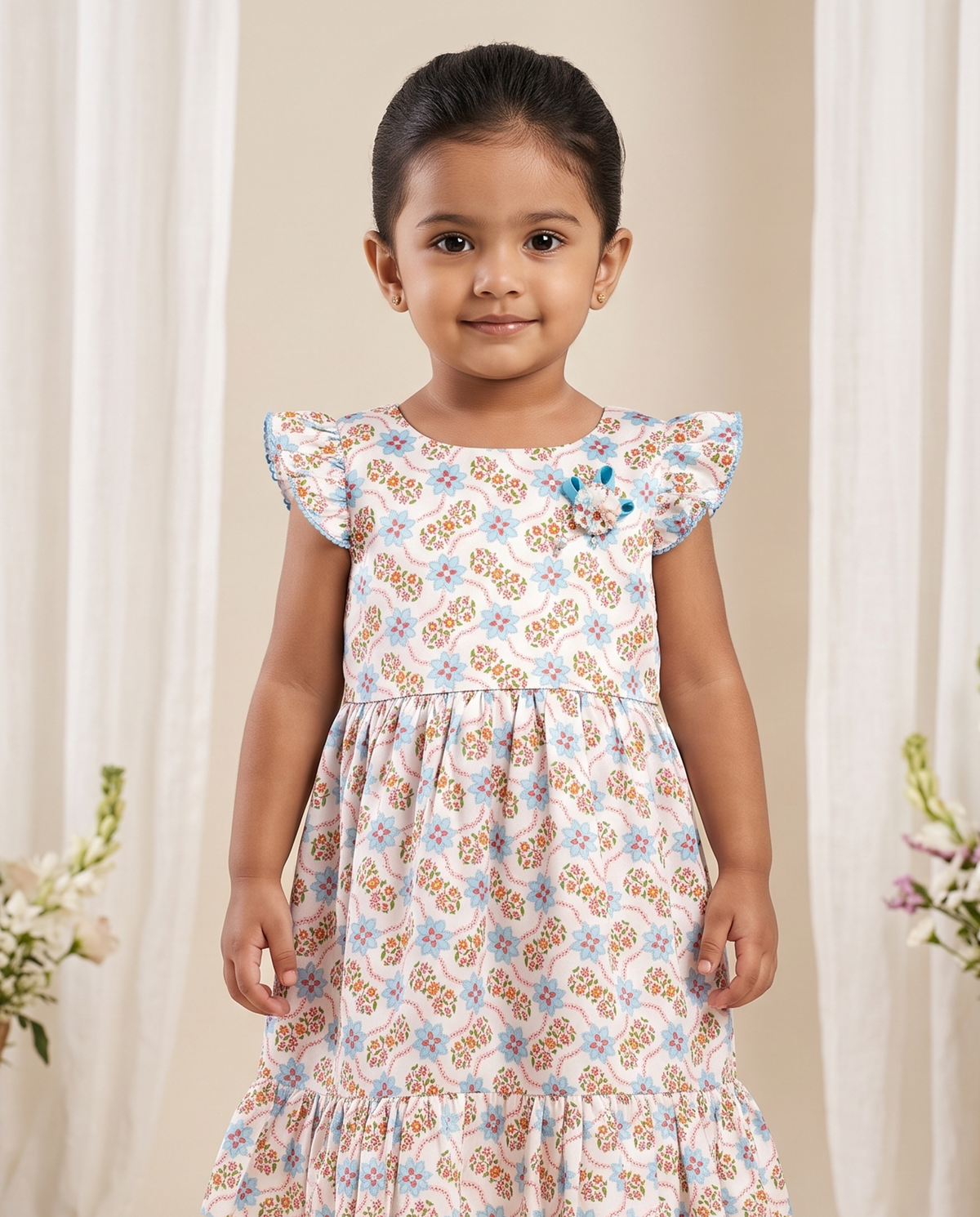 Girls Floral Block Print Flutter Sleeve Dress