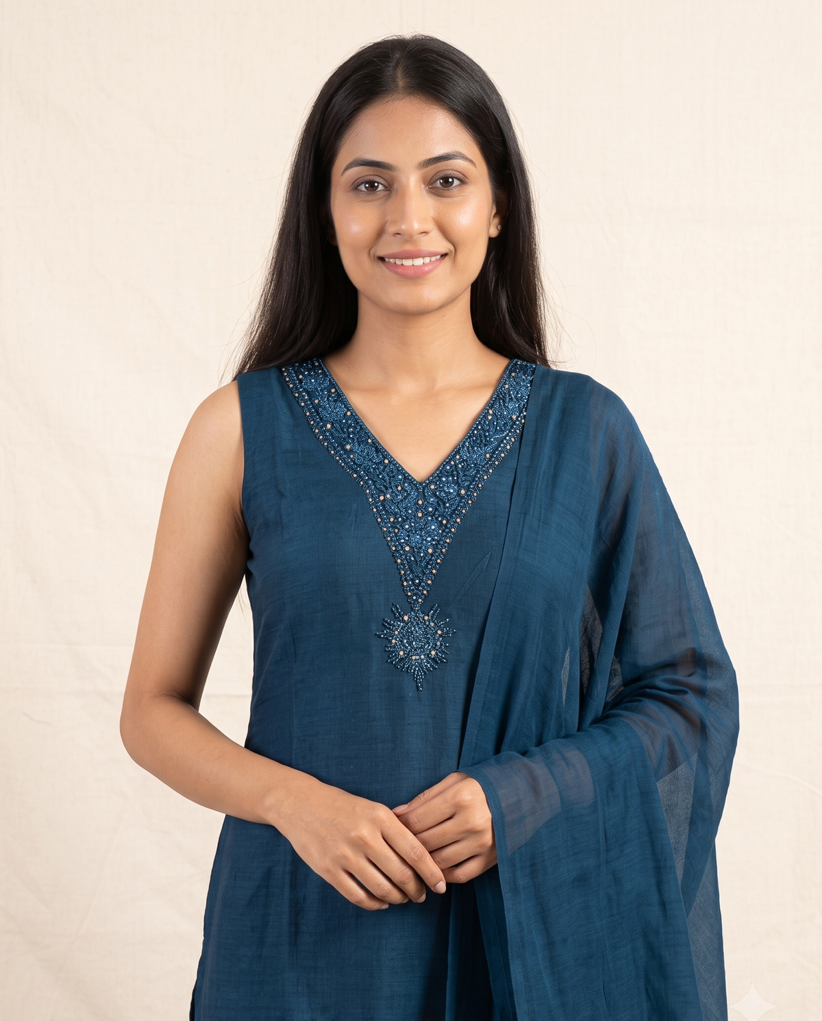 Women's Teal Blue Embroidered Kurta Set with Dupatta