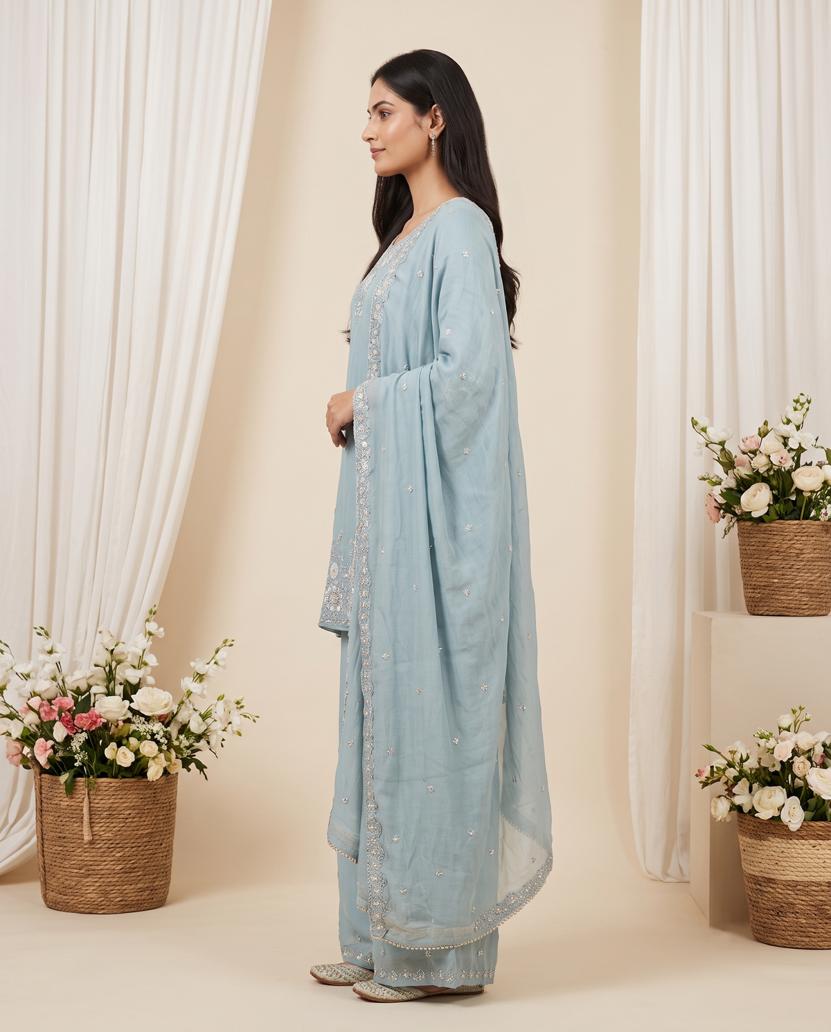 Women's Powder Blue Embroidered Kurta Set with Bottom & Dupatta