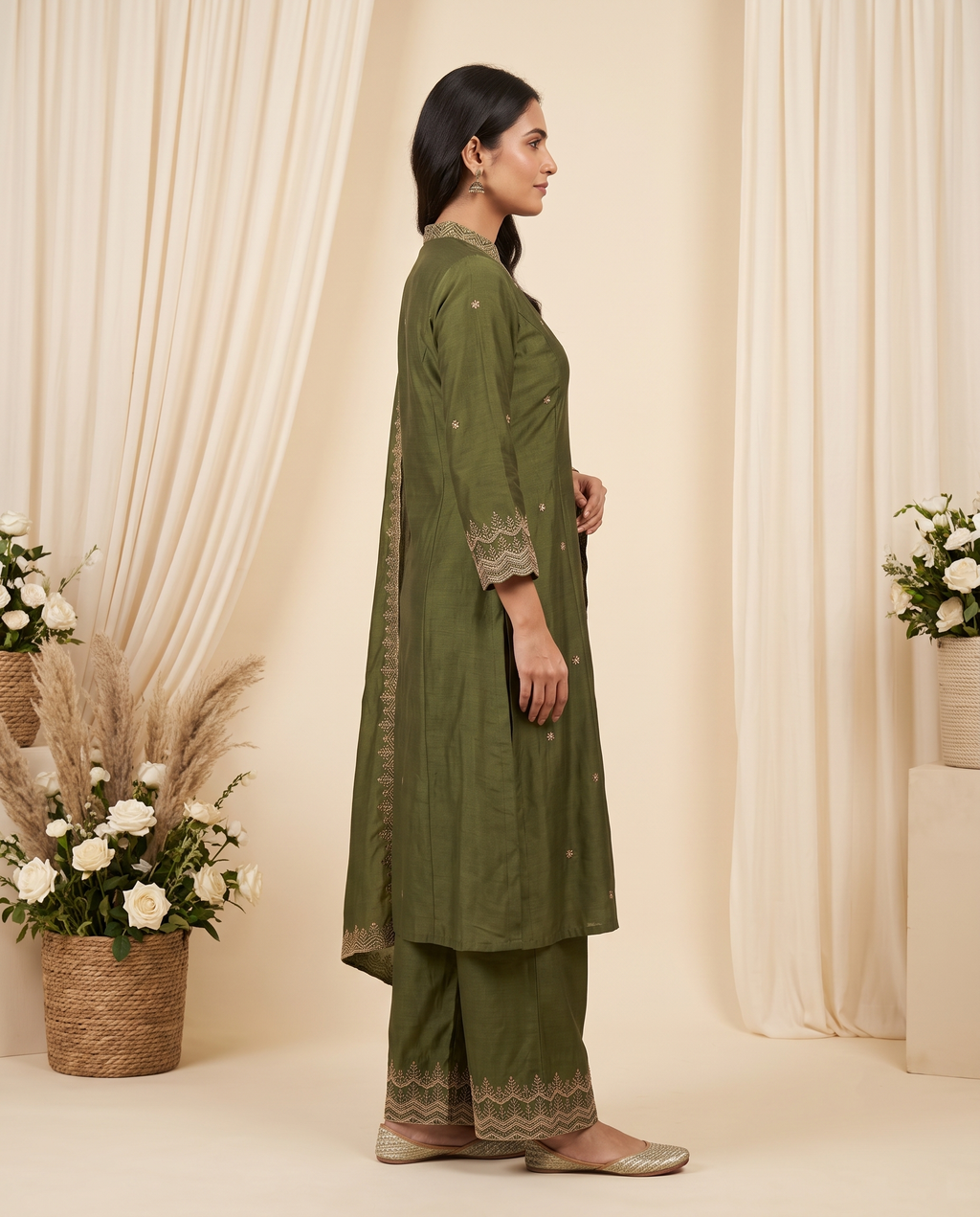 Women's Olive Green Crushed Organza Embroidered Kurta Set with Dupatta