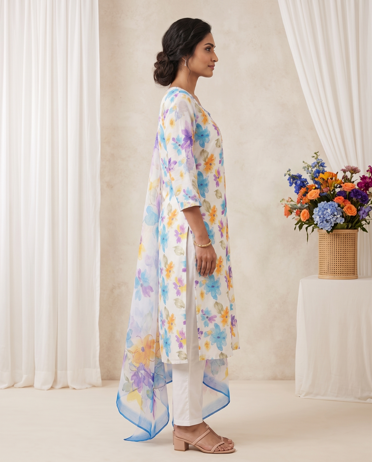 Women's White Pastel Floral Print Khadi Cotton Kurta Set with Dupatta