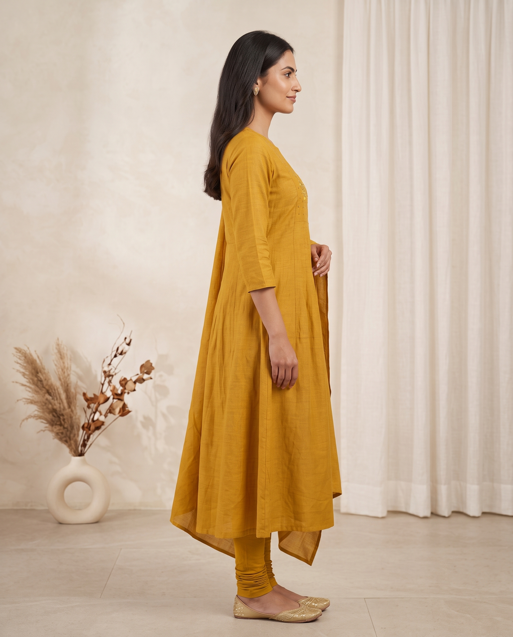 Women's Mustard Yellow Embroidered Anarkali Kurta Set with Churidar & Dupatta