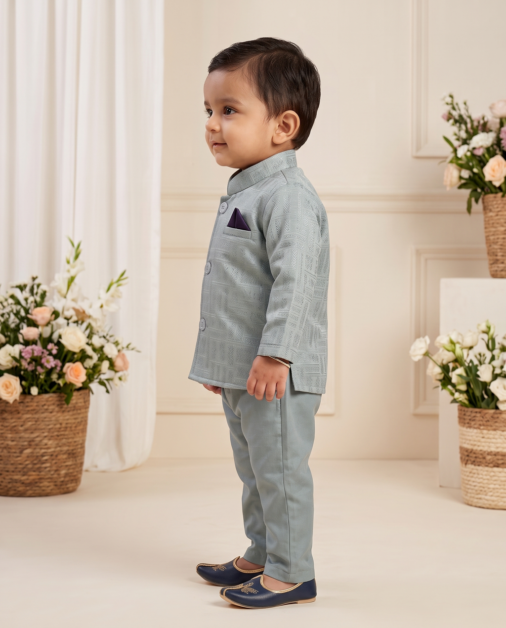 Boys Sage Green Self-Embroidered Nehru Jacket Set – Kids L