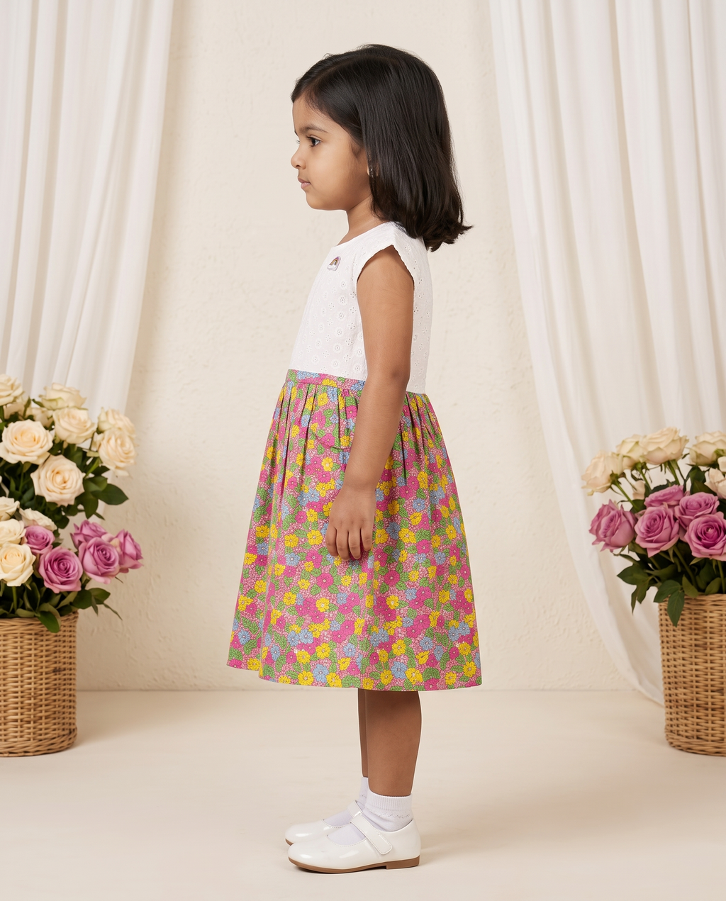Girls White Schiffli & Floral Print Dress