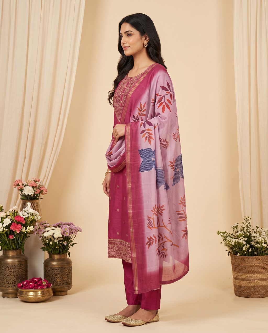 Women's Rose Pink Embroidered Kurta Set with Contrast Shawl