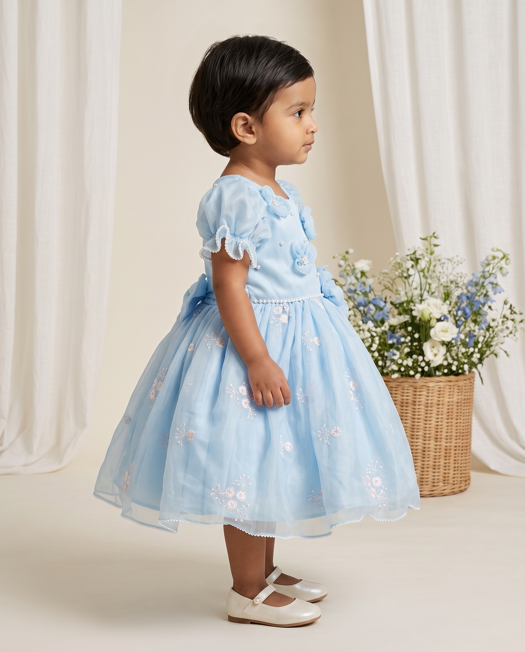 Girls Powder Blue Organza Party Dress with 3D Floral Appliqué & Pearl Embellishments