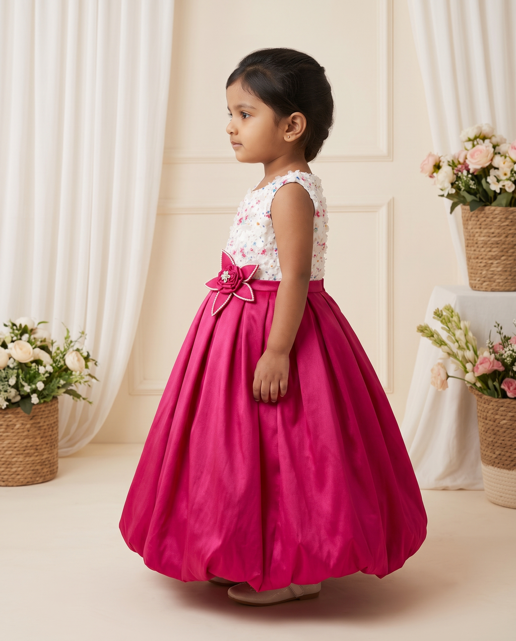 Girls Floral Appliqué & Magenta Bubble Gown