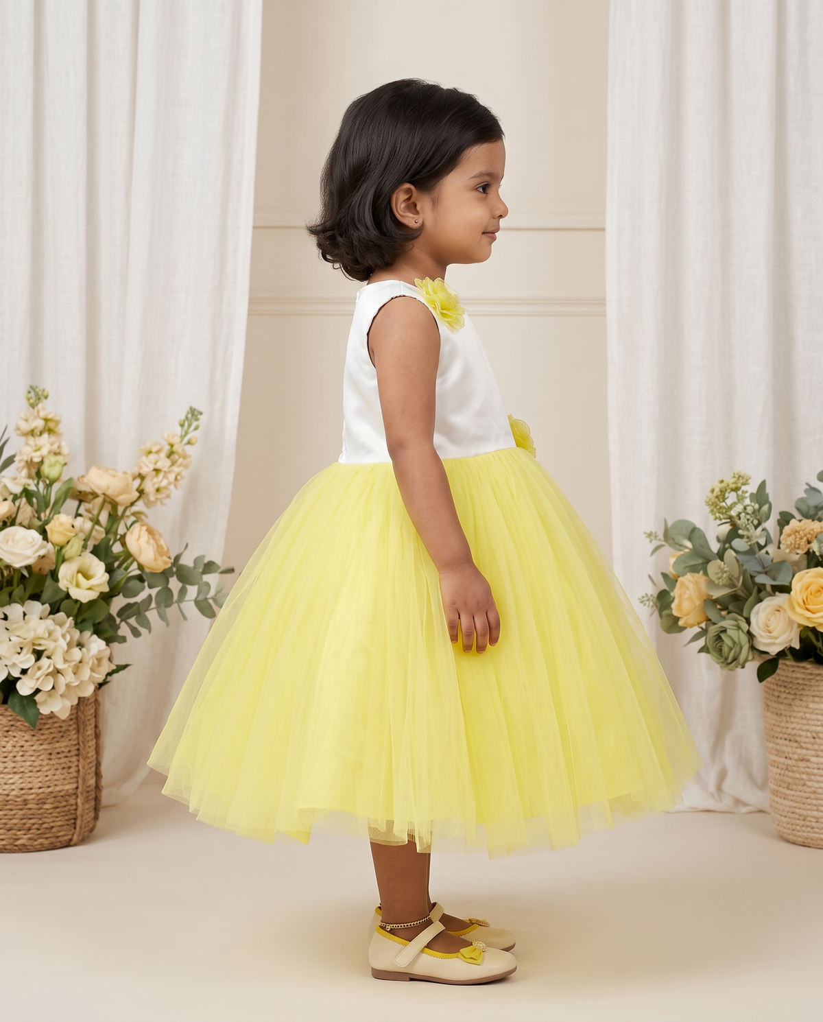 Girls White & Yellow Tulle Party Dress with Floral Appliqué
