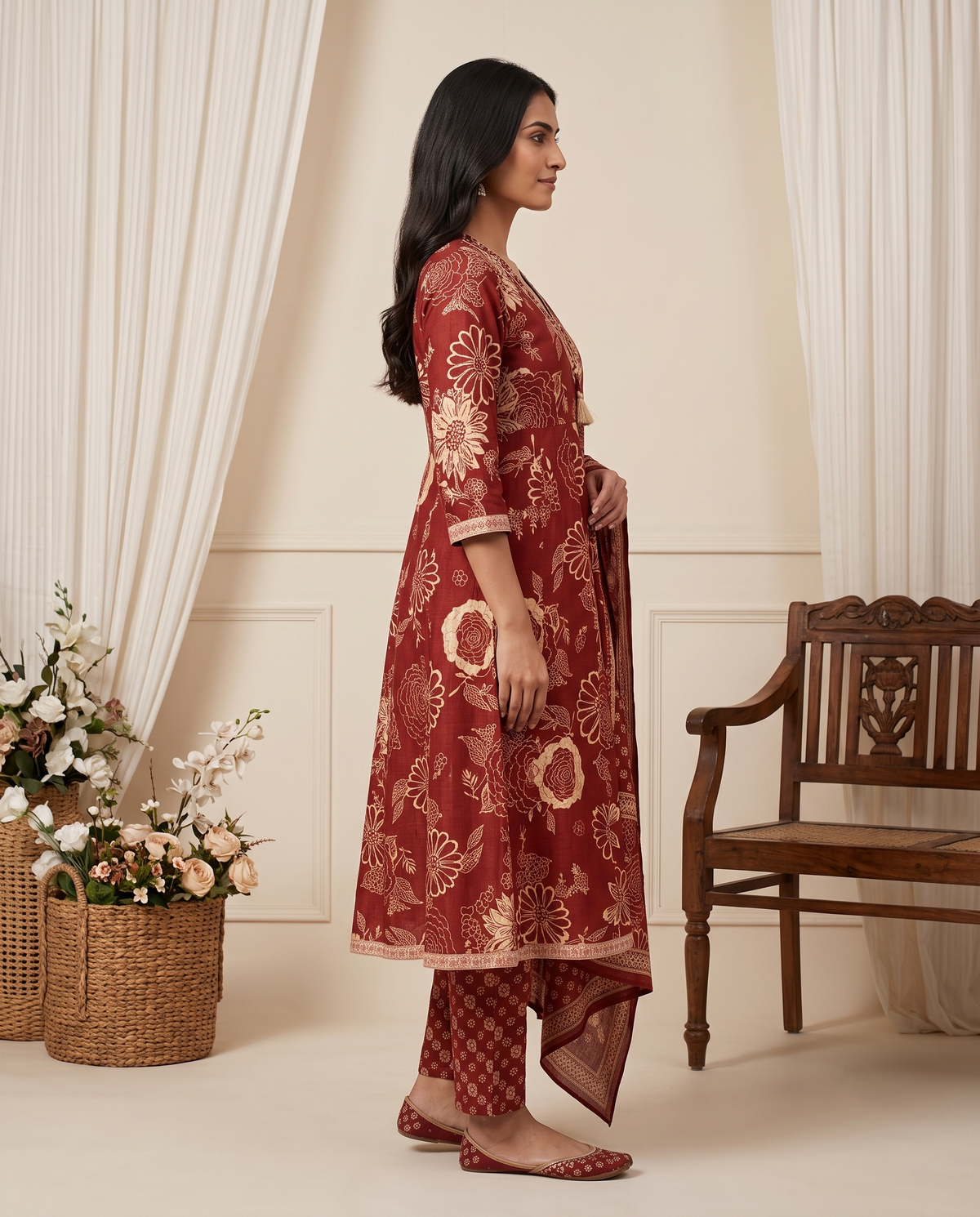 Women's Maroon Digital Floral Print Jaipur Cotton Kurta Set with Dupatta