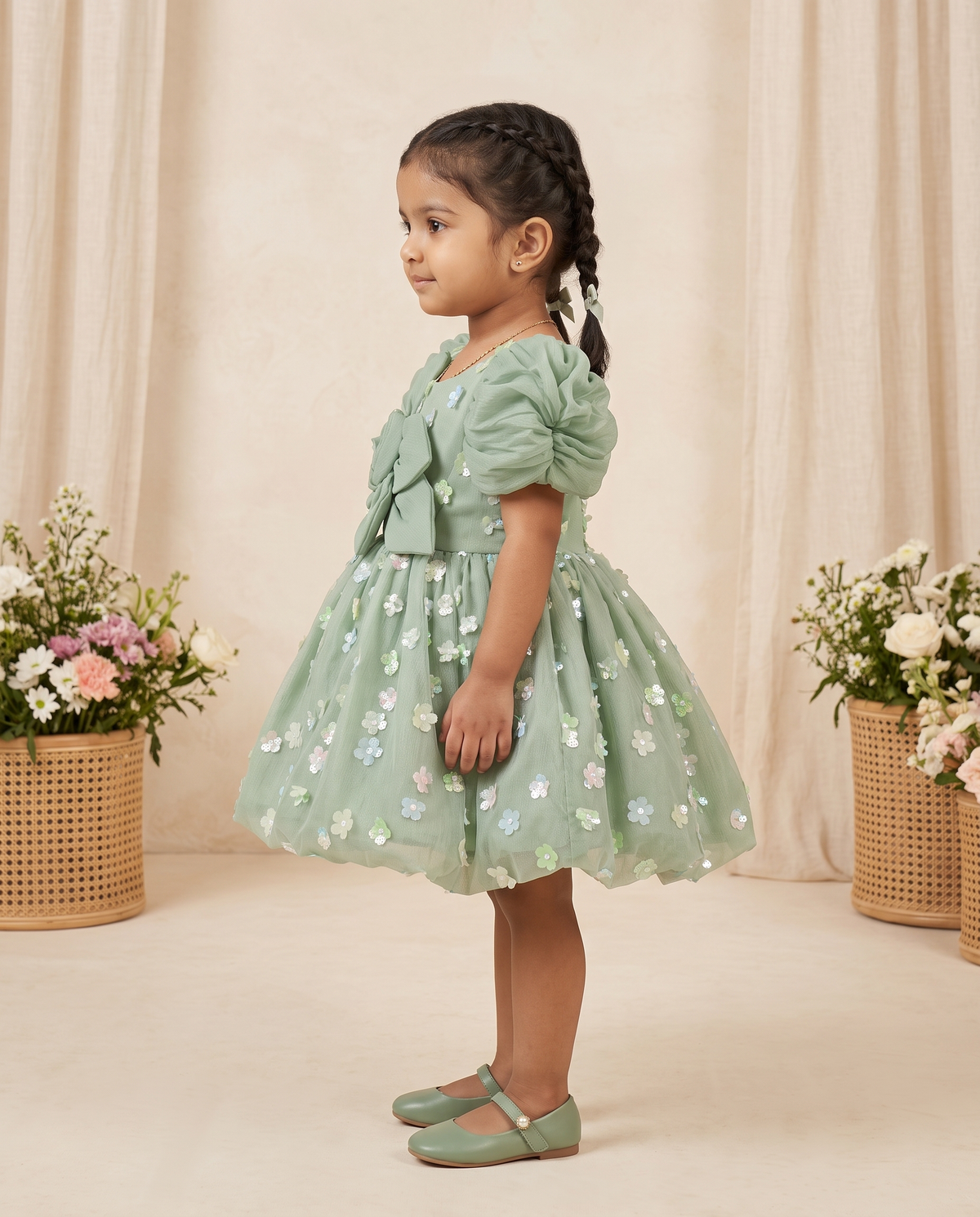 Girls Sage Green Puff Sleeve Floral Sequin Party Dress