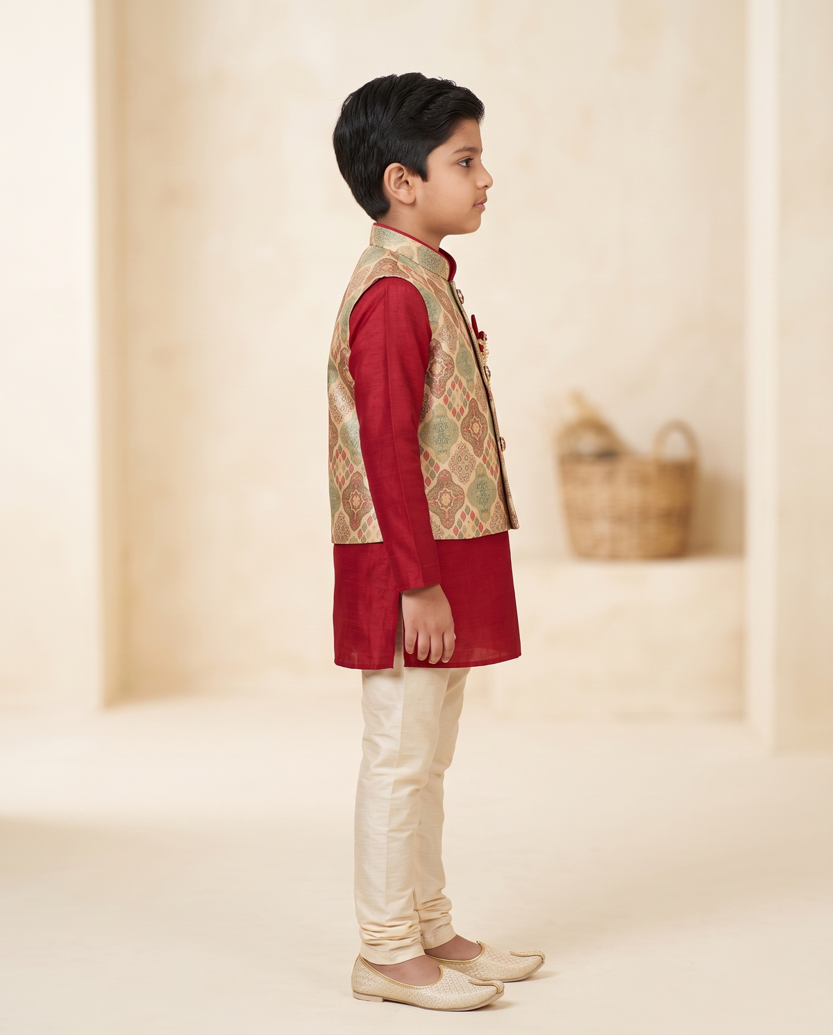 Boys' Maroon Kurta with Brocade Nehru Jacket & Churidar Set