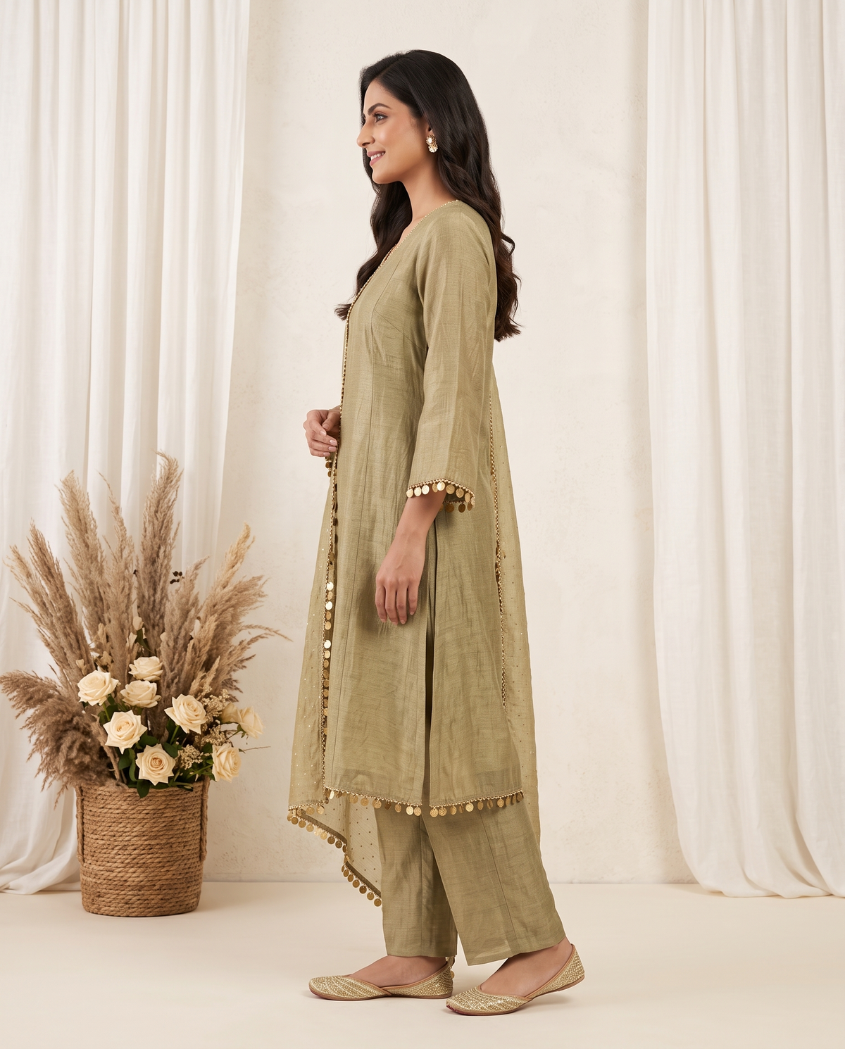 Women's Sage Green Crushed Organza Kurta Set with Dupatta