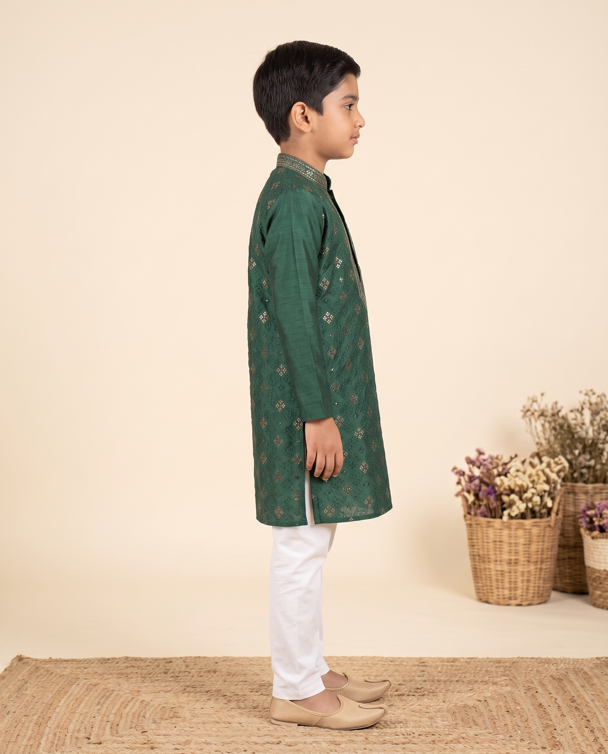 Boys Emerald Green Embroidered Kurta