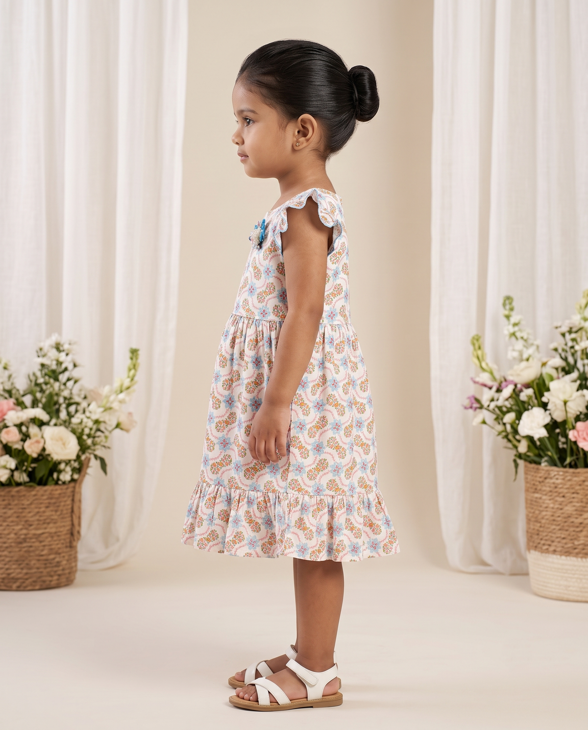 Girls Floral Block Print Flutter Sleeve Dress