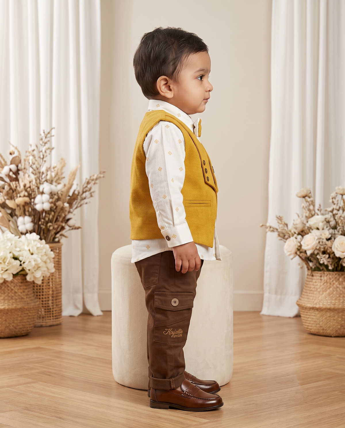 Boys Mustard & White 3-Piece Party Set – Shirt, Waistcoat & Cargo Pants